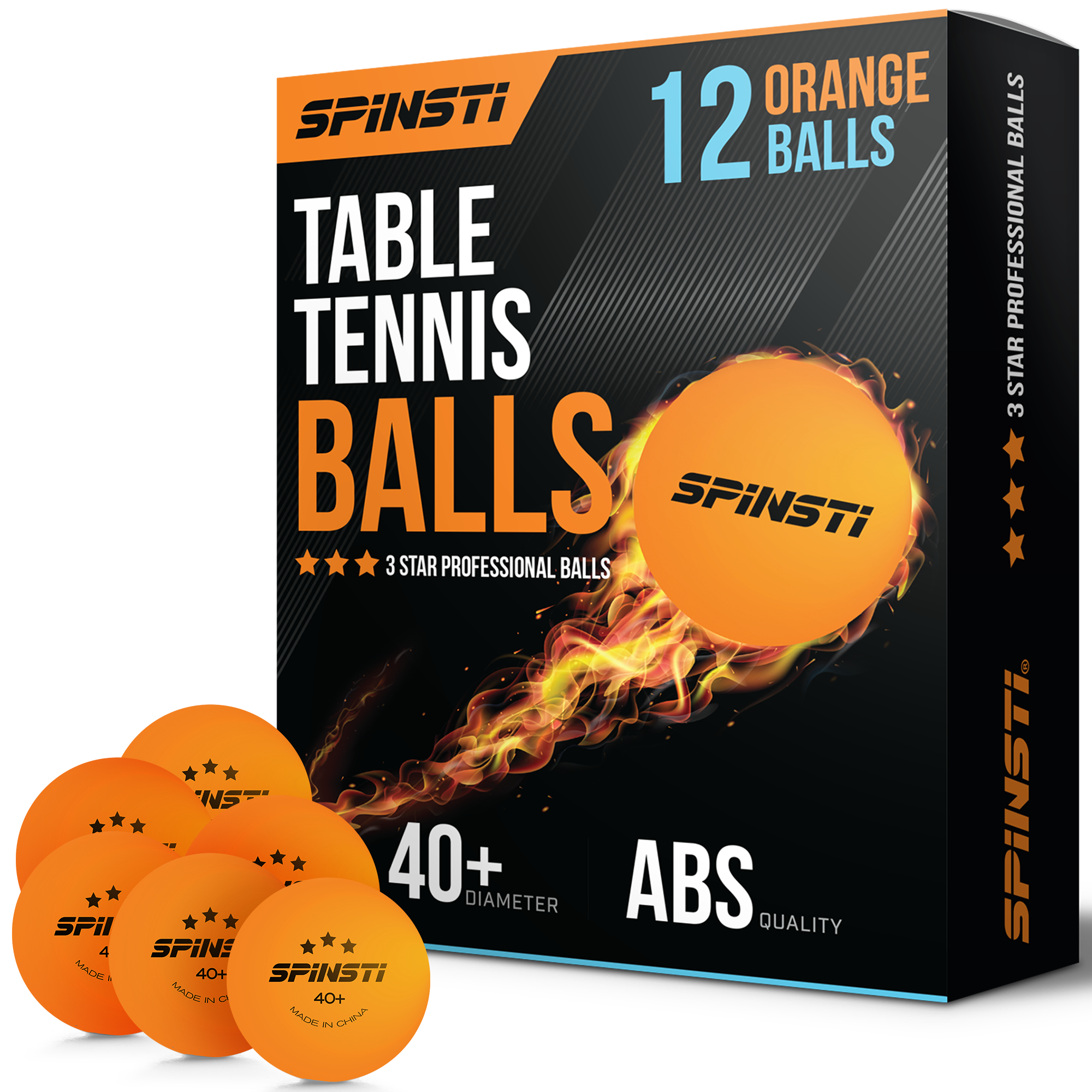 SPINSTI 3 Star 40+mm Table Tennis Balls | Pack of 12 Premium Orange ABS Ping Pong Balls for High-Performance Play